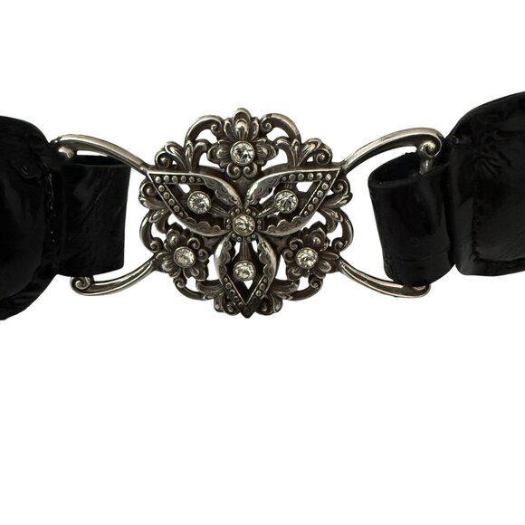 Vintage Brighton Empire Lace Black Croc Embossed Patent Leather Belt Crystals - Picture 4 of 16